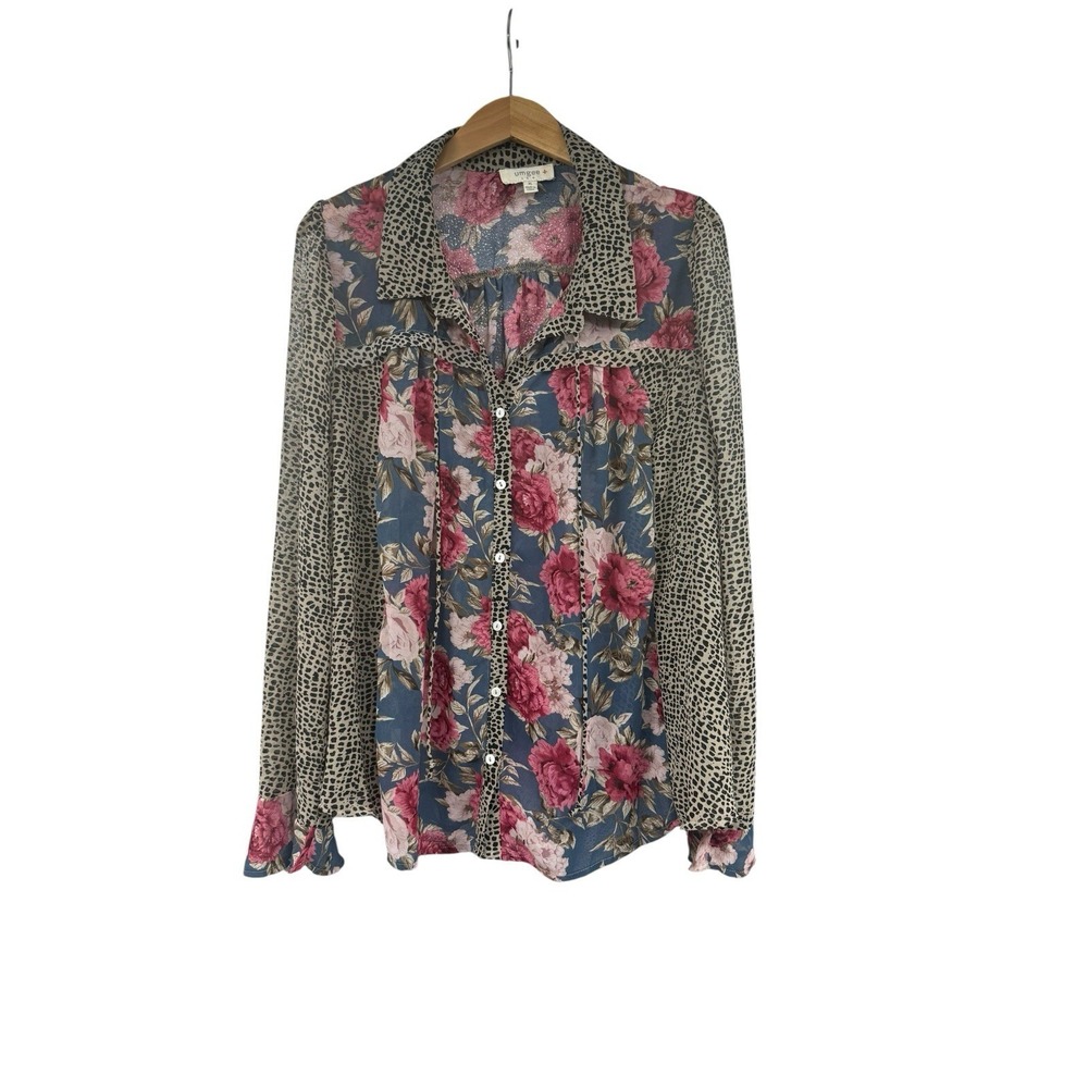 Umgee USA Floral Cheetah Chiffon Button Up Blouse Lightweight Womens XL